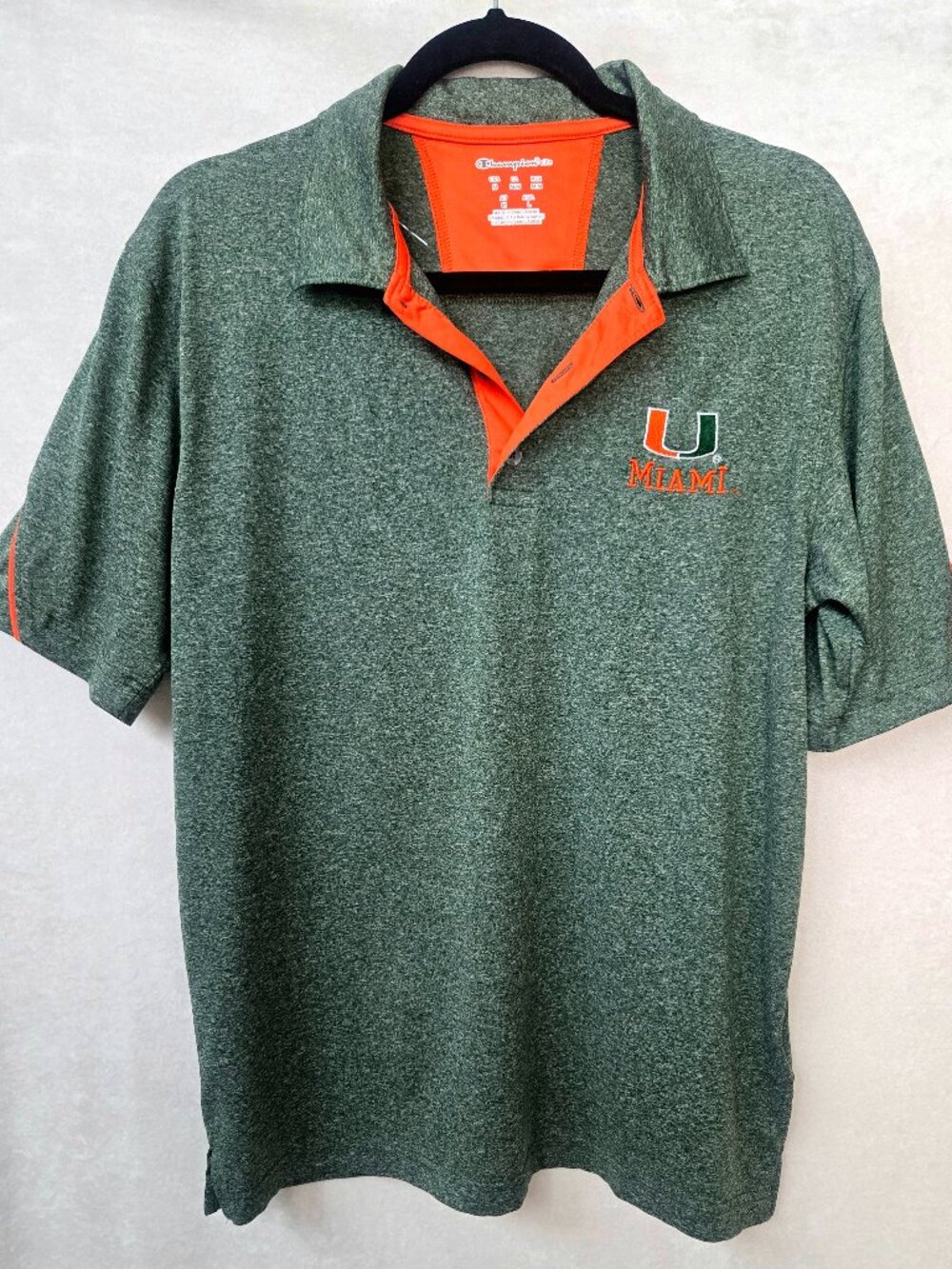 Champion Elite Miami Hurricanes Polo Shirt Heather Green Orange Men Size M